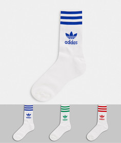 Три пары белых носков с тремя полосками разных цветов adidas Originals-Белый