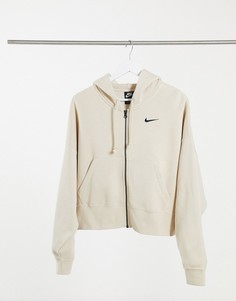 Бежевый укороченный оversized-худи на молнии с маленьким логотипом-галочкой Nike