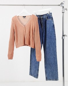 Розовый вязаный кардиган с объемными рукавами New Look