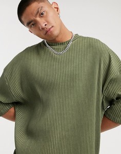 Удлиненная футболка в стиле oversized с рукавами до локтя из материала в рубчик в цвете хаки с эффектом масляной стирки ASOS DESIGN-Зеленый