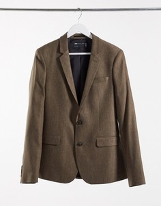 Бежевый приталенный пиджак с добавлением шерсти и узором "в елочку" ASOS DESIGN wedding