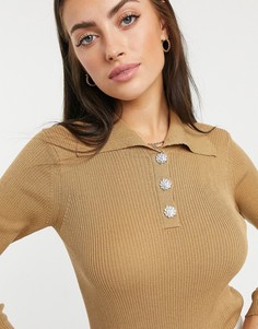 Бежевый вязаный топ с длинными рукавами и декоративными пуговицами Vila