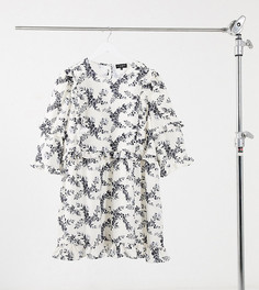 Платье мини с черно-белым цветочным принтом и рюшами In The Style Plus x Lorna Luxe-Мульти
