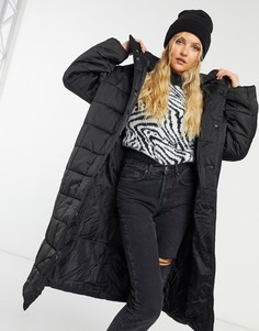 Атласное длинное стеганое пальто черного цвета ASOS DESIGN-Черный