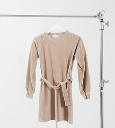 Бежевое платье сини в рубчик с декоративными деталями на плечах ASOS DESIGN Petite-Коричневый