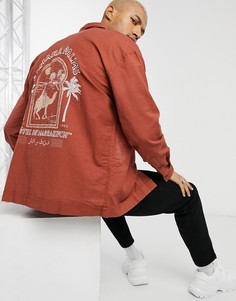 Oversized-рубашка из ткани с добавлением льна с вышивкой на спине ASOS DESIGN-Красный