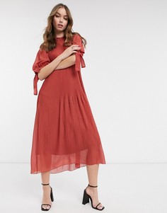 Оранжевое плиссированное платье миди А-силуэта с завязками на рукавах ASOS DESIGN-Красный