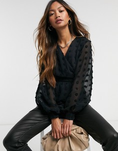 Черная шифоновая блуза с запахом в рельефный горох Vero Moda-Черный