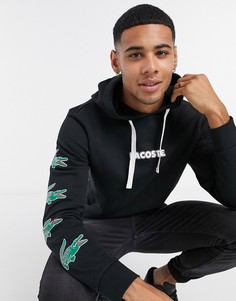 Черный худи с логотипом на рукавах Lacoste