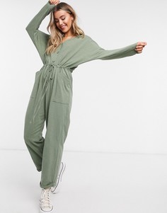 Трикотажный комбинезон для дома ASOS DESIGN, на пуговицах с длинными рукавами и завязками на талии выбеленного цвета хаки-Зеленый