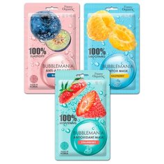 Funny Organix BUBBLEMANIA кислородные тканевые маски для лица дикая черника, сладкая малина, сочная клубника, 25 г, 3 шт.