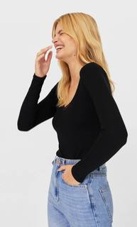 Stradivarius Футболка С Длинными Рукавами И Отделкой Кружевом Женская Коллекция Черный L