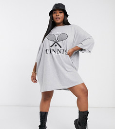 Серое платье-футболка в стиле oversized с теннисным принтом ASOS DESIGN Curve-Серый