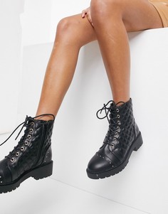 Черные стеганые байкерские ботинки на шнуровке New Look-Черный