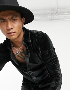 Черная бархатная рубашка узкого кроя ASOS DESIGN-Черный