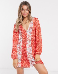 Красное чайное платье мини с контрастными полосками и цветочным принтом ASOS DESIGN-Черный