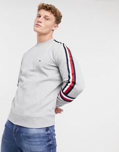 Серый меланжевый свитшот с фирменными полосками и логотипом Tommy Hilfiger