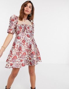 Платье мини с прозрачной кокеткой и жаккардовым цветочным принтом ASOS DESIGN-Многоцветный