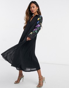 Черное плиссированное платье-рубашка миди с вышивкой на рукавах ASOS DESIGN-Черный