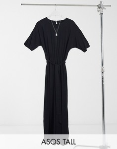 Черный комбинезон из тканого материала с завязками на талии ASOS DESIGN tall