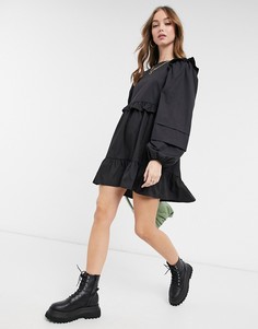 Черное свободное платье мини из хлопкового поплина с защипами ASOS DESIGN-Черный