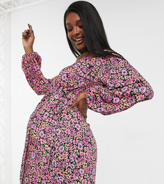 Розовое платье миди цветочной расцветки с запахом и длинным рукавом ASOS DESIGN Maternity-Розовый