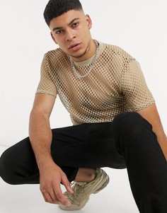 Бежевая обтягивающая футболка с сетчатой вставкой ASOS DESIGN-Бежевый