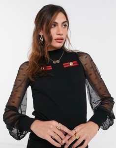 Черный топ с длинными пышными рукавами из сетки River Island