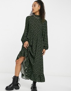 Свободное платье макси с завязками на шее и зеленым размытым принтом Vintage Supply-Зеленый
