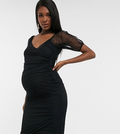 Черное платье миди с пышными сетчатыми рукавами из ткани добби и запахом ASOS DESIGN Maternity-Черный