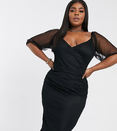 Черное платье миди с запахом и пышными сетчатыми рукавами ASOS DESIGN Curve-Черный