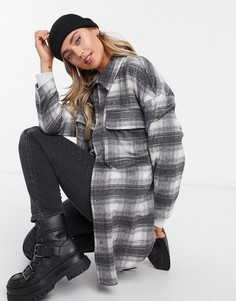 Серая длинная клетчатая куртка-рубашка навыпуск Stradivarius-Черный