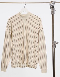 Бежевая oversized-футболка из органического хлопка в вертикальную полоску с высоким воротником в рубчик ASOS DESIGN-Бежевый