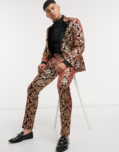 Бордовые бархатные брюки с с золотистым принтом в стиле барокко Twisted Tailor-Красный