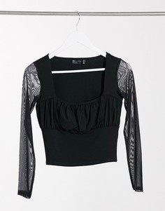 Черный топ с квадратным вырезом и сетчатыми рукавами ASOS DESIGN Hourglass