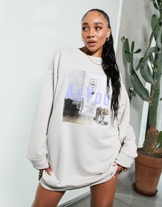 Светло-бежевое платье-свитшот в стиле oversized с графикой AS YOU-Черный