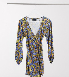 Платье мини с запахом, длинными рукавами и цветочным принтом оранжевого и голубого цвета ASOS DESIGN Petite-Желтый