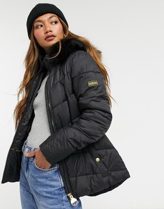 Темно-синяя стеганая куртка с капюшоном с отделкой из искусственного меха Barbour International Checkside-Черный