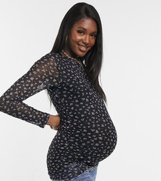 Черная блузка с сетчатым верхом и цветочным принтом для будущих мам Mamalicious Maternity-Многоцветный Mama.Licious