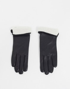 Кожаные перчатки для сенсорных экранов с отворотами из искусственного меха ASOS DESIGN-Черный