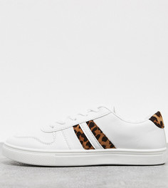 Белые кроссовки на шнуровке для широкой стопы с леопардовыми вставками London Rebel-Белый