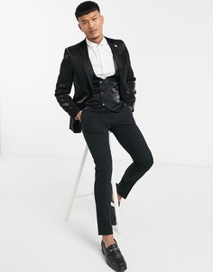 Черный блестящий пиджак с бархатными лацканами Twisted Tailor