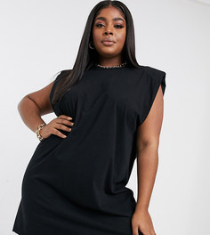 Черное платье-футболка мини без рукавов с подплечниками ASOS DESIGN Curve-Черный