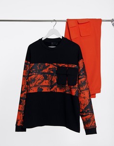 Oversized-свитшот от комплекта с флисовой вставкой с оранжевым графическим принтом и нейлоновыми карманами ASOS DESIGN-Черный