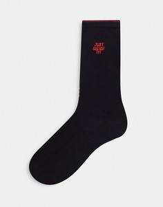 Рождественские черные носки длиной до щиколотки с вышитой надписью ASOS DESIGN-Черный
