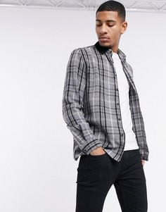Рубашка навыпуск в черно-серую клетку из материала с добавлением шерсти с вельветовым воротником ASOS DESIGN-Черный