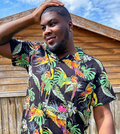 Рубашка с отложным воротником, короткими рукавами и принтом фламинго Jack & Jones Originals Plus-Черный