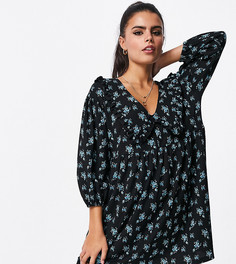 Черное свободное платье мини с воротником и синим цветочным принтом ASOS DESIGN Petite-Синий