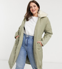 Удлиненная куртка-парка с отделкой из искусственного меха и поясом Fashion Union Plus-Зеленый