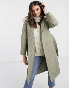 Удлиненная куртка-парка с отделкой из искусственного меха и поясом Fashion Union-Зеленый